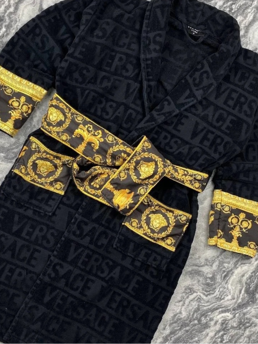 Men Versace Black & Gold Barocco Robe